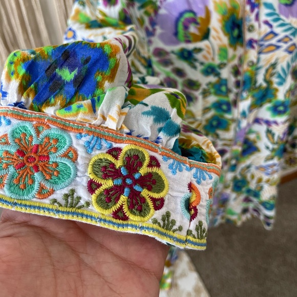 Johnny Was Cotton Ikat Bloom Shirred Yoke Floral Relaxed Drop Shoulder Blouse - Picture 8 of 16